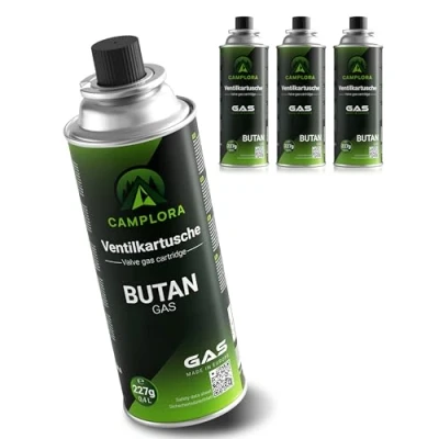 Afbeelding van Camplora 4 x 227 g butaangaspatronen met ventiel voor grill, soldeerlamp, campingkooktoestel, gasverwarming, gasfornuis, soldeerbrander, soldeermeester, bajonetventielpatroon, butaangas, MSF 1a
