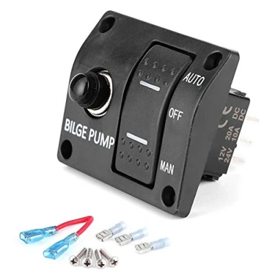 Afbeelding van 12V/24V 3 weg lenspomp schakelpaneel (automatisch/uit/handmatig) met ingebouwde 15A stroomonderbreker en LED indicator
