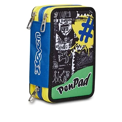 Afbeelding van Seven Etui voor basisschool met 3 vakken, penpad OLYMPIAN BLUE, blauw inhoud 45 stuks compleet potloden, pennen enz. school kinderen en jongens, Blauw, Eén maat,