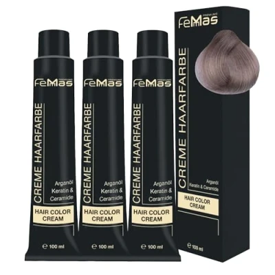Afbeelding van FemMas Haarverf, 3 x lichtblond as 9.1, professionele crème haarverf met arganolie, keratine en ceramiden, als duurzame haarkleuring of tint voor stralende, kleurresultaten, 100 ml