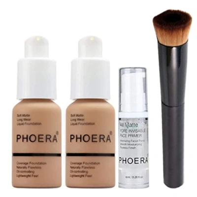 Afbeelding van Phoera Foundation Make up Set met volledige dekking Inclusief x2 zand 30ml Matte Foundation, 6ml Face Primer &amp; Liquid Brush voor eenvoudige toepassing