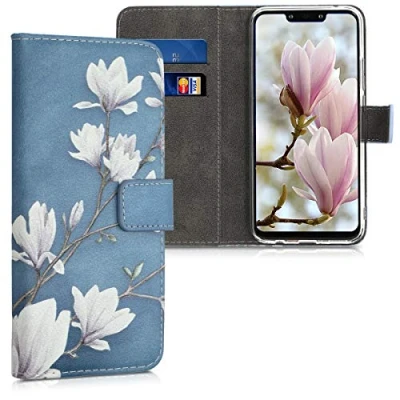 Afbeelding van kwmobile telefoonhoesje geschikt voor Huawei Mate 20 Lite Backcover smartphone Hoesje met pasjeshouder in taupe / wit blauwgrijs Magnolia design
