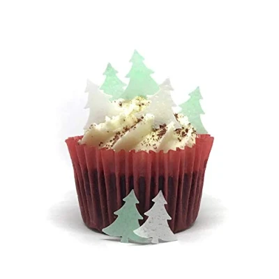 Afbeelding van 100 Voorgesneden Wit &amp; Groen Eetbaar Wafer Papier Mini Kerstboom Cake Toppers 50 van elke kleur Perfect voor Kerstmis Cupcakes of Tafeldecoraties