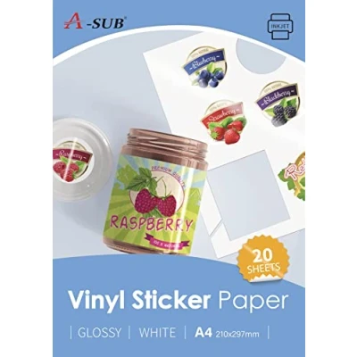 Afbeelding van A SUB wit glanzend premium waterdicht bedrukbaar vinylstickerpapier, zelfklevende vinyllabels voor inkjetprinters, A4 formaat, 20 vellen