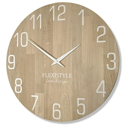 Afbeelding van FLEXISTYLE Wandklok natuur diameter houtlook 100% eiken, hout modern, woonkamer, zonder tikkende geluiden ... (50cm, wit)