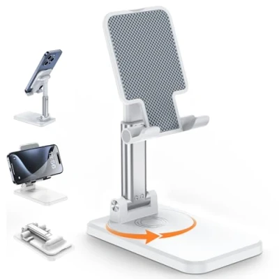 Afbeelding van BHHB Verstelbare telefoonstandaard, telefoonhouder, inklapbaar, aluminium opvouwbare telefoonhouder voor iPhone 15 14 13 12 11 Pro Xs Xr X 8, Huawei, Galaxy, alle smartphones (wit)