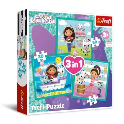 Afbeelding van Trefl Gabby&#039;s Dollhouse, activiteiten puzzel 3 in 1, Puzzels, tussen 20 en 50 stukjes Kleurrijke met de helden uit cartoon, Ontspanning voor kinderen vanaf jaar