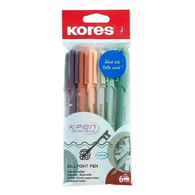 Afbeelding van Kores K0R M: Balpennen met blauwe semi gelinkt in vintage design, 1 mm medium point biro voor soepel schrijven, driehoekige ergonomische vorm, school en kantoorbenodigdheden, pak van 6