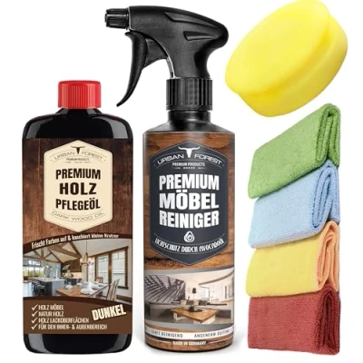 Afbeelding van Urban Forest Premium meubelreiniger + meubelpolish hout olie donker spons 4 x microvezeldoeken voor het reinigen en onderhouden van hout, meubels leer meubelverzorging houtverzorging