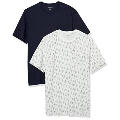 Afbeelding van Amazon Essentials Heren Regular Fit T shirt met korte mouwen en ronde hals, 2 stuks, marineblauw/bootprint, XS