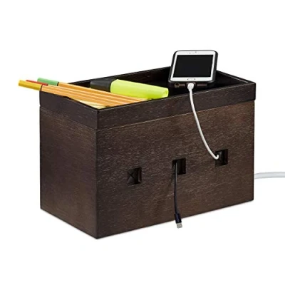 Afbeelding van Relaxdays Kabelbox bamboe kabelmanagement multi oplaadstation donkerbruin
