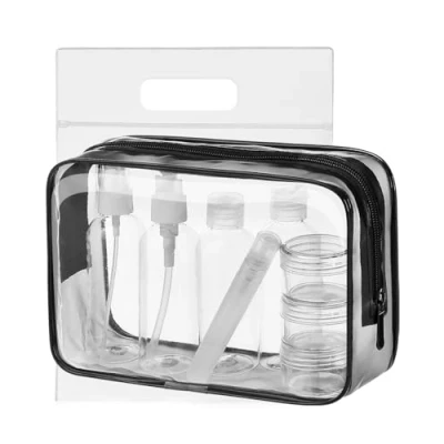 Afbeelding van transparante make uptas MOCOCITO waterdichte PVC toilettas + 8 reisflessen (maximaal 100 ml) vrouwelijke en mannelijke vliegtuigtransportvloeistof zwart blauw (Blauw)