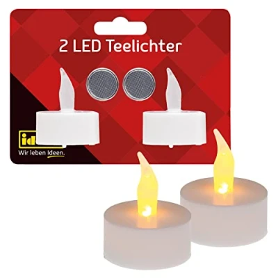 Afbeelding van Idena 408982 Led theelichtjes, 2 stuks, elektrische kaarsen met flikkerend licht, inclusief batterijen, decoratie voor bruiloft, feest, Kerstmis, Pasen, als sfeerlicht