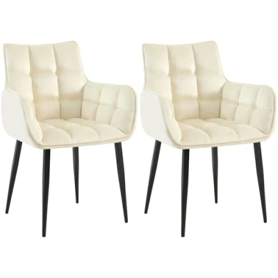 Afbeelding van CLP Tirana Set van 2 eetkamerstoelen met armleuning rugleuning zwart metalen frame fluweel velvet Fluweel/creme