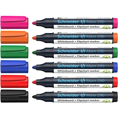 Afbeelding van Schneider Maxx 290 Markers (voor whiteboards en flipcharts, ronde punt 2 3 mm lijndikte, zonder resten droog afwasbaar, hoge kwaliteit, krachtig kleurintensief), 5 dozen met elk 6 kleuren