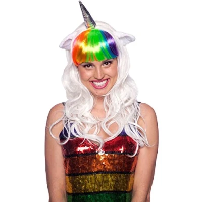 Afbeelding van Folat pruik Wit Met Regenboog Pony Unicorn (1 Stuks) Carnaval accessoires Pruiken