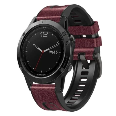 Afbeelding van leer + siliconen bandje Bordeaux Garmin Fenix 7X / 6X 5X