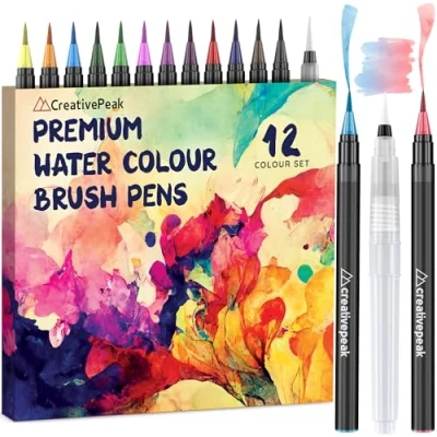 Afbeelding van Aquarelpenseelpennen, 12 levendige kleurstiften met zachte punt en mengborstel, aquarelpenseelpennenset voor kalligrafie letters van CreativePeak