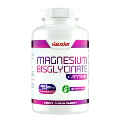 Afbeelding van Magnesium Bisglycinaat Goed Absorberende Glycinate + Vitamine B6 Vermindert Stress en Vermoeidheid Ondersteunt Spierfunctie Slaap 120 Plantaardige Capsules Vaexdar
