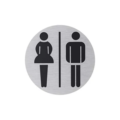 Afbeelding van Metafranc Kleefbord symbool: damestoilet &amp; herentoilet Ø 75 mm van aluminium in moderne roestvrij stalen look zelfklevende achterkant/bewegwijzering/informatiebord/toilet notitie / 507240