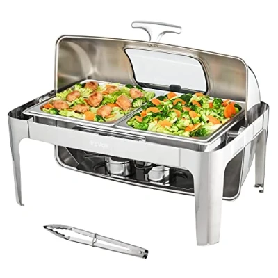 Afbeelding van VEVOR 9 Qt Rvs Chafer Rechthoek Catering Warmer Server Roll Top Chafing Schotel Buffet Set, Glas