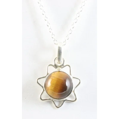 Afbeelding van Fijne opengewerkte zilveren hanger met tijgeroog aan ketting