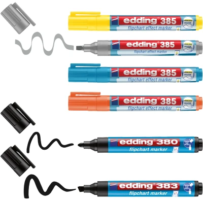 Afbeelding van edding 385 flipchart effect marker set met flexibele punt + stiften 6 zwart, geel, grijs, blauw, oranje navulbaar in bewaardoos