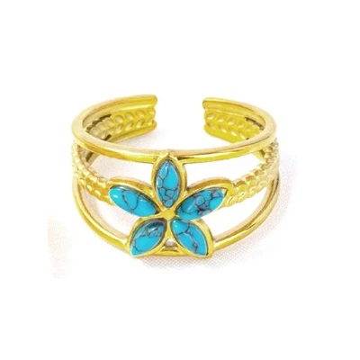 Afbeelding van Ring met Bloem RVS One Size Goudkleurig Steen Blauw