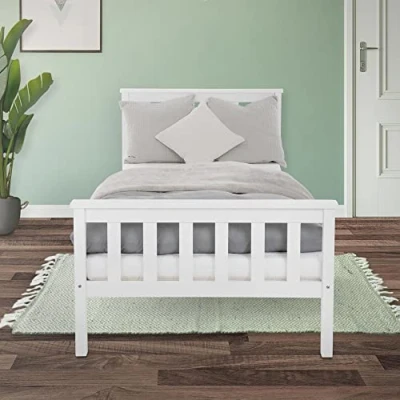 Afbeelding van ML Design Houten Bed 90x200 cm Wit, Massief Grenen, Ledikant met Lattenbodem en Voeten, Eenpersoonsbed Hoofdbord Voetenbord, voor Kinderen Volwassenen, Kinderbed