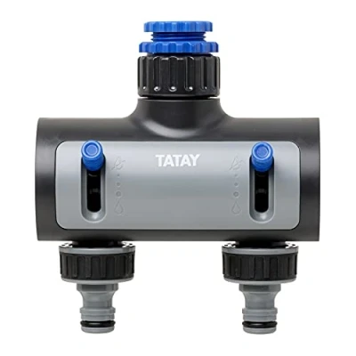 Afbeelding van TATAY Universele premium 2 weg slangverdeler voor kranen 1/2 inch, 3/4 1 aansluiting, regelaar, zonwering, eenvoudige installatie, grijs zwart