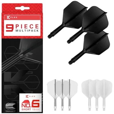 Afbeelding van Target Darts K Flex Integrated Dart Flights and Shafts, Tussenstang (26mm), No.6 Flight, 9 pack Bundel, Zwart, Wit &amp; Helder Kflex 2 In 1 Flight en Stem, Professionele Accessoires