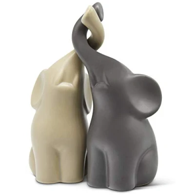 Afbeelding van Harmonieus olifantenpaar uit keramiek in beige &amp; grijs moderne sculptuur als paar bestaande twee individuele olifanten decoratieve figuren 16cm hoog olifant ideaal cadeau