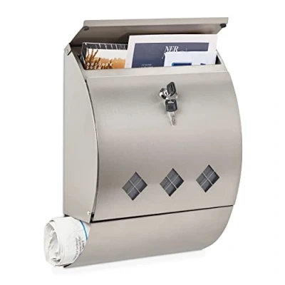 Afbeelding van brievenbus hangend rvs met krantenrol 40 x 30 12,5 cm 2 sleutels buiten