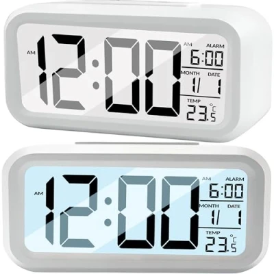 Afbeelding van Retoo Draagbare digitale wekker met temperatuurweergave en groot led display, voor kinderen volwassenen, smart tafelklok lcd display werkt op batterijen, slaapkamer