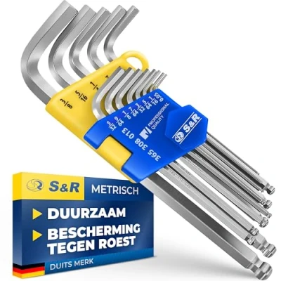 Afbeelding van S&amp;R Inbussleutelset HX,13 delig met kogelkop, lange binnenzeskant, 0,05 inch tot 3/8 in kunststofclip, Cr V staal gehard, corrosiebescherming, kunststof clip
