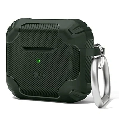 Afbeelding van elago Solid Armor Hoesje Compatibel met AirPods 3 Cover Case, Schokabsorberend Ontwerp, Duurzaam TPU Materiaal, Ondersteunt Draadloos Opladen, Volledige Bescherming (Donkergroen)