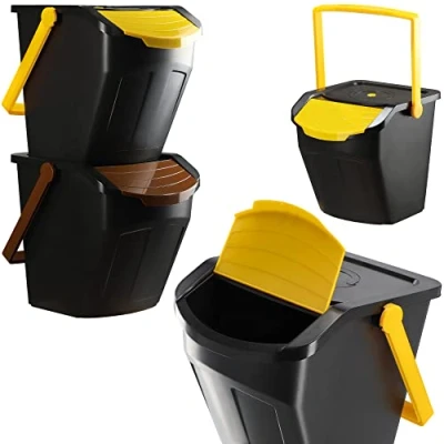 Afbeelding van KADAX Recycling emmer, 25 liter afvalemmer/prullenbak met deksel afvalemmerset voor gemakkelijke afvalscheiding, afvalverzamelaar, afvalscheider biologisch afval, papier, glas 2x25L