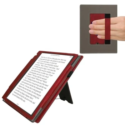 Afbeelding van kwmobile E reader hoesje geschikt voor Pocketbook InkPad Eo / Bigme InkNote Color+ hoes flip case van kunstleer Ereader cover met stand Brushed Hart design in donkerrood
