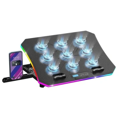 Afbeelding van EMPIRE GAMING Guardian C900 (2024 Nieuw) PC Koeler voor Laptop 12&#039;&#039; 18&#039;&#039; RGB 9 Ventilatoren LCD controller 10 Modi 6 Snelheden 7 Verstelbare Hoogtes Afneembare Houde