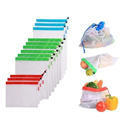 Afbeelding van VOANZO 12Pcs Fruit En Groente Mesh Tas Herbruikbare Wasbare Eco Vriendelijke Zakken Voor Boodschappen Winkelen Opslag Speelgoed
