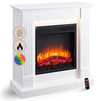 Afbeelding van RICHEN Ladina Elektrische Open Haard staande met Verwarming 1000/2000 W, realistisch 3D vlam effect, LED Verlichting, Afstandsbediening programeerbaar, Thermostaat wit