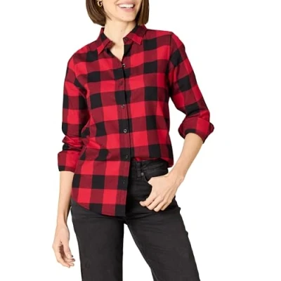 Afbeelding van Amazon Essentials Women&#039;s Lichtgewicht geruite flanellen overhemd met klassieke pasvorm en lange mouwen, Rood Geruit, S