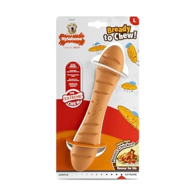 Afbeelding van Nylabone Extreme Chewers stoere nylon hond nieuwigheid stokbrood kauwspeelgoed, duurzaam, verveling breker, reinigt tanden, gebraden kip smaak, groot, voor honden 0 23 kg