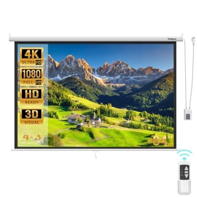Afbeelding van Todeco Projectiescherm 84 inch motor, motorscherm met afstandsbediening, wand of plafondbevestiging, voor thuisbioscoop en bedrijf, 128 x 170 cm, formaat 4:3, HD 4K 3D