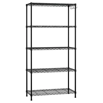Afbeelding van WORKPRO Opslagplanken, 5 laags metalen rekken, garagedraadrek, staande verstelbare planken met haken voor voorraadkast keuken kelder, 30 inch B x 14 D 60 H, capaciteit 750 kg (totaal)