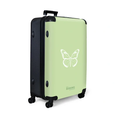 Afbeelding van NoBoringSuitcases.com® Koffer groot Reiskoffer lichtgewicht Groene achtergrond met witte vlinder Rolkoffer 4 wielen Grote trolley XL 98 liter bagage