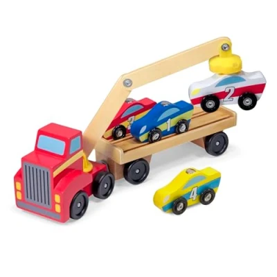 Afbeelding van Melissa &amp; Doug Magnetische autolader Houten speelset The Original (auto’s en vrachtwagens, 4 auto’s 1 vrachtwagen met oplegger, geweldig cadeau voor meisjes jongens ideaal kinderen van 3, 4, 5 6 jaar)