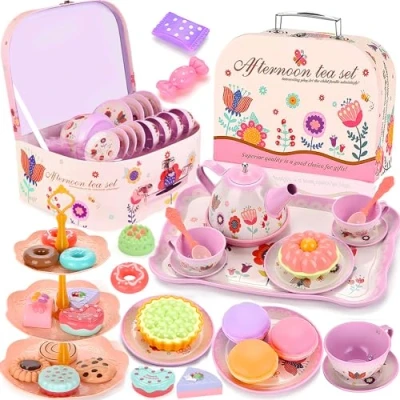 Afbeelding van NCKIHRKK Theeset Kinderen, 46 Stuks Poppen Tafelgerei Kinderkeuken Tinnen Theepot Set, Speel Keuken Accessoires voor Thee Partij, Rollenspel Speelgoed Meisjes 3 4 5 6 7 Jaar Cadeau