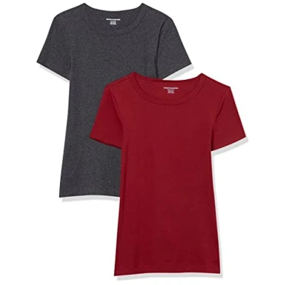 Afbeelding van Amazon Essentials Women&#039;s T shirt met korte mouwen en ronde hals in slanke pasvorm, Pack of 2, Bordeauxrood/Houtskoolzwart, XS