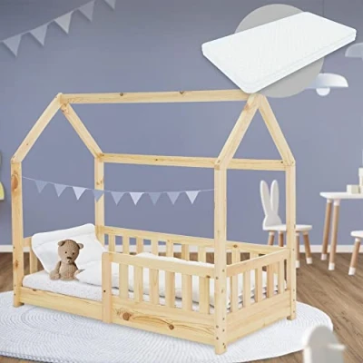 Afbeelding van Kinderbed met bescherming tegen uitvallen lattenbodem en dak 70x140 cm Dennenhout naturel ML Design